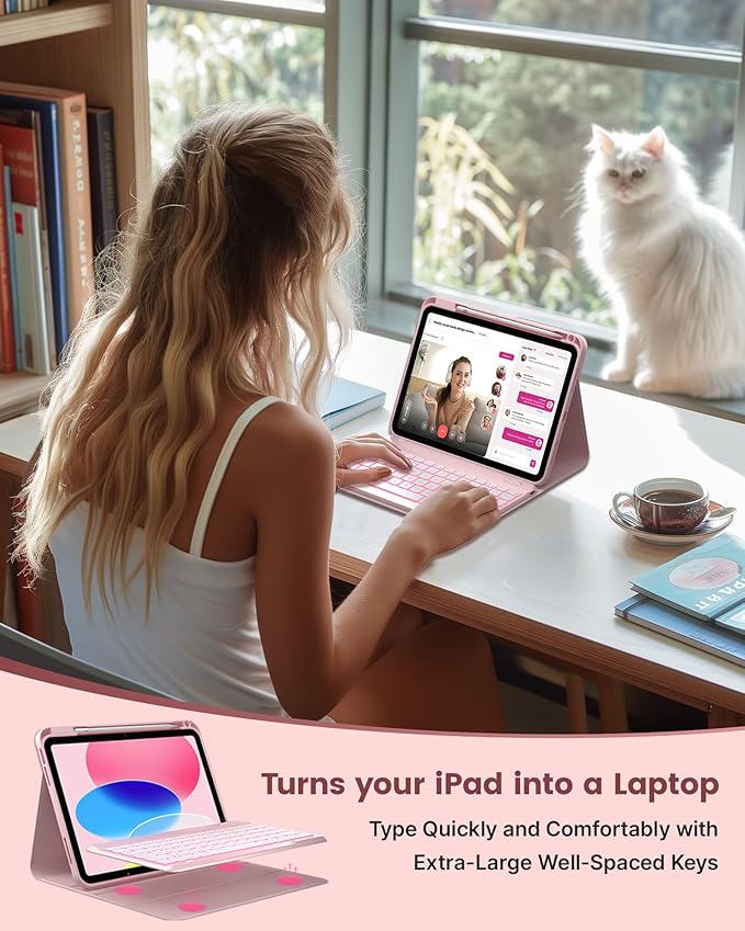 typecase Folio iPad 11th/10th Gen Keyboard Case (11" A16 2025 & 10.9" 2022) – Magnetic Wireless Detachable Keyboard, 7-Color Backlight, Thin & Light, Pencil Holder – Light Pink