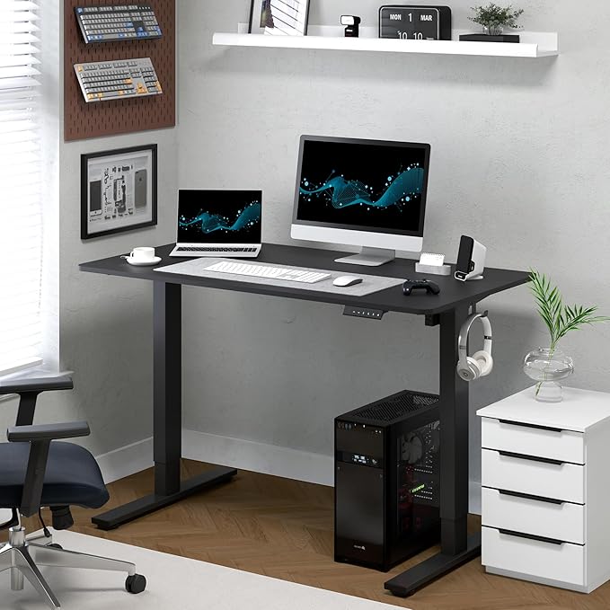 FLEXISPOT Standing Desk, 48" x 24" One-Piece Desktop, Height Adjustable Computer Desk for Home Office, White Frame & Black Top (One Package)