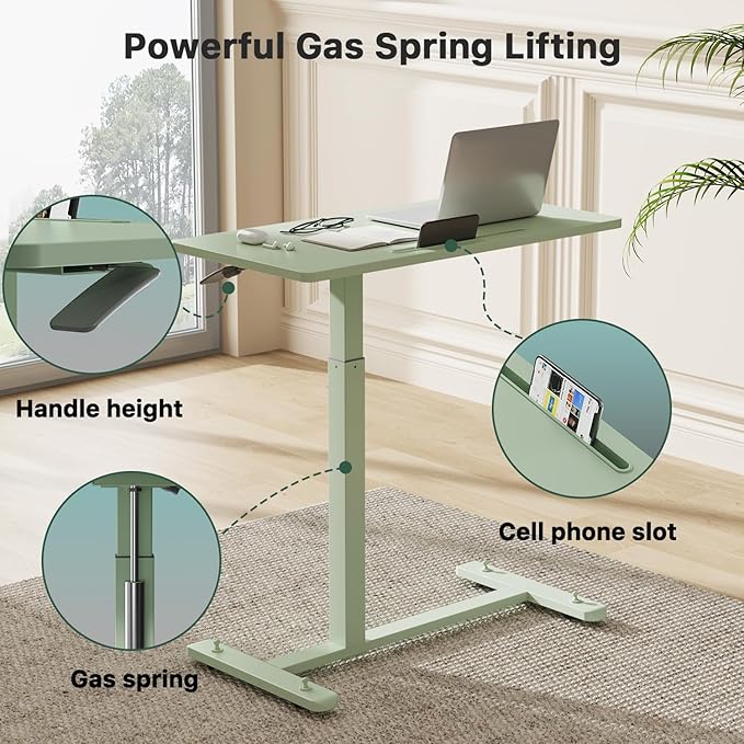 Mobile Standing Desk, Pneumatic Adjustable Rolling Desk(31.5 Inches), Portable Laptop Desk with 4 Lockable Wheels, Overbed Bedside Table Laptop Table for Couch, Home, Office, Green