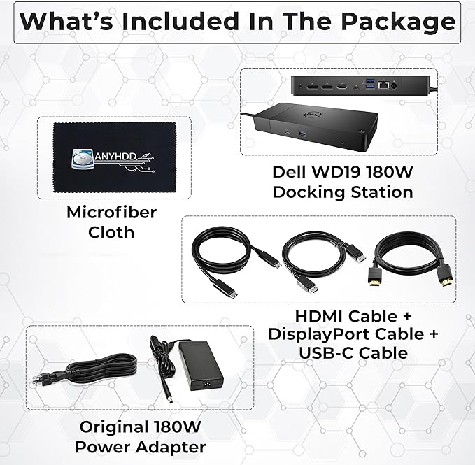 WD19 Dell Docking Station Dual Monitor - Dell USB C Dock with 180W Adapter, HDMI, DisplayPort, USB-C Cables & Cloth - Laptop Docking Station (WD19 180W)
