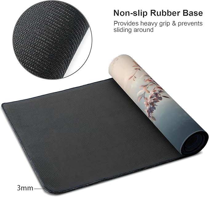 Cute Floral Aesthetic Azalea Gaming Mouse Pad, Ink Blue Red Dreamy Desk Mat with Anti-Slip Base & Stitched Edges,35.4" x 15.7" in Table Mat for Computer Desktop, Beautiful Workstation Decor