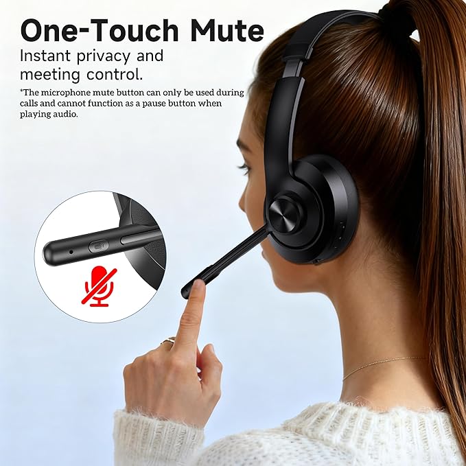 AOC Wireless Headset with Mic for Work, Bluetooth 5.4 Headphones with Noise Canceling Microphone, USB C, 30H, Clear Calls & Mic Mute for PC, Laptop, Cell Phones, Zoom - Black