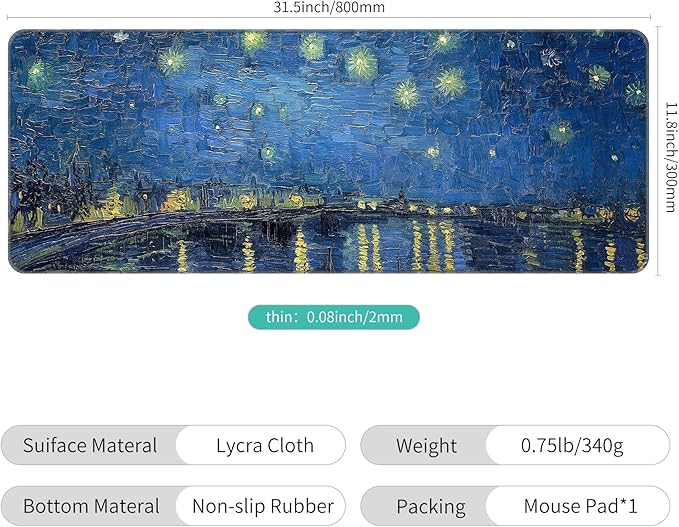 Dynippy Thin Extended Gaming Mouse Pad （31.5 * 11.8 * 0.08 inch） with Stitched Edges Large Mousepad Long XXL Keyboard and Mouse pad Desk Mat for Gaming Office & Home - Starry Night Over the Rhone