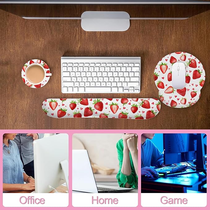 Cute Strawberry Heart Keyboard Wrist Rest Pad Mouse Pad Set,Ergonomic Mousepad Wrist Support Memory Foam Desk Pad for Gaming Office,Non-Slip Rubber Base Easy Typing for Home Office Computers