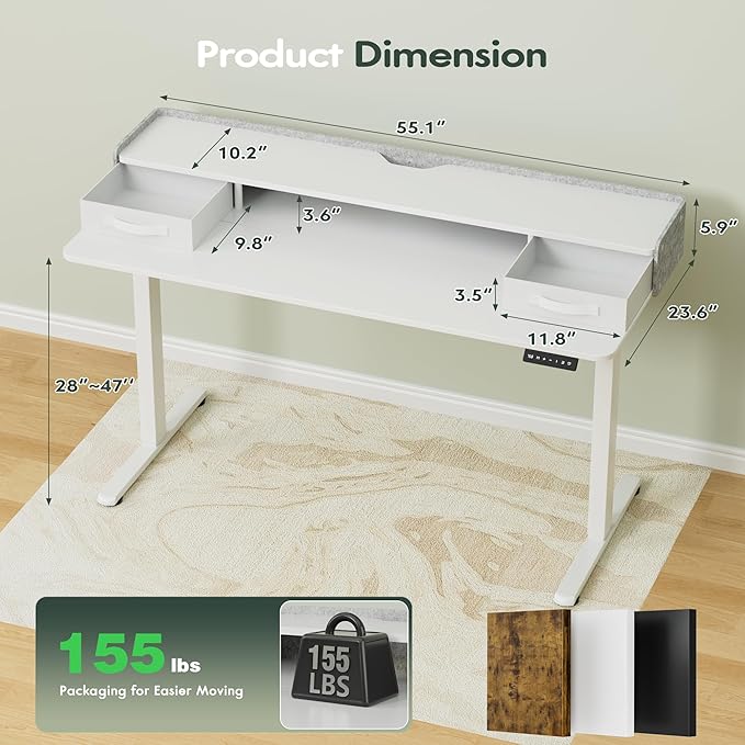 Homall Electric Standing Desk with 2 Drawers, Adjustable Height Computer Desk with Storage Sit Stand Table with Storage Shelf and Splice Board Quick Install for Home Office (White, 55 Inch)