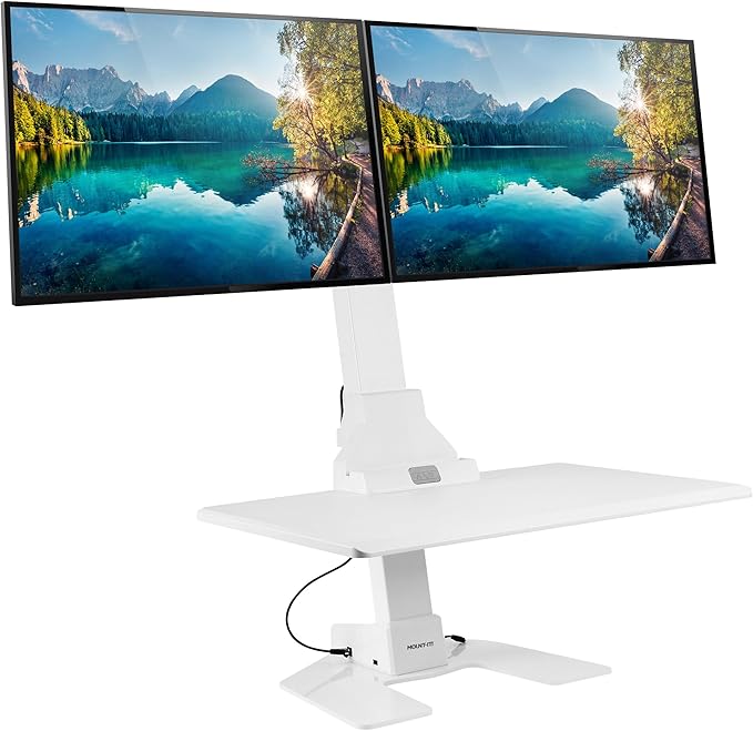 Mount-It! Electric Standing Desk Converter, Motorized Sit Stand Desk Riser with Dual Monitor Mounts, Adjustable Height Ergonomic Workstation with 28” Wide Platform and Tablet/Phone Slot, White