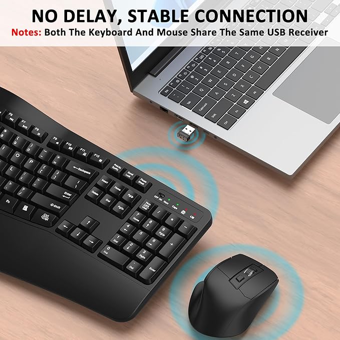 Wireless Keyboard and Mouse Combo, EDJO 2.4G Full-Sized Wave Keys Ergonomic Keyboard and Wireless Optical Mouse, Energy-Saving Wireless Mouse Keyboard for Computer, Mac, Laptop, PC, Windows