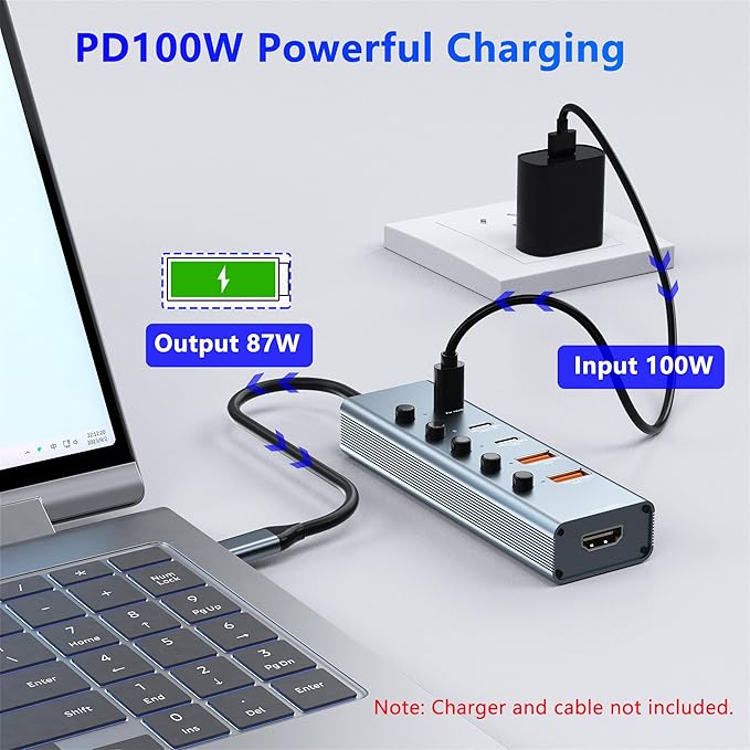 10Gbps USB C Hub Multiport Adapter, 6 Ports USB C Splitter with 4 USB 3.2 Gen 2 Ports, 4K@60Hz HDMI, 100W PD, Touch Switch, USBC to USB Hub for MacBook, iPad, HP, Dell (Not Support Type-C Monitor)