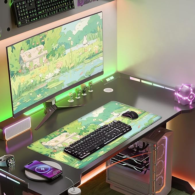 Cute Anime Bunny Forrest Green Mouse Pad Xl-31.5x15.7in-Desk Mousepad-Extended Aesthetic Keyboard Mouse Pad-for Desk Kid Girl with Stitched Edges Non-Slip Cozy Office Decor