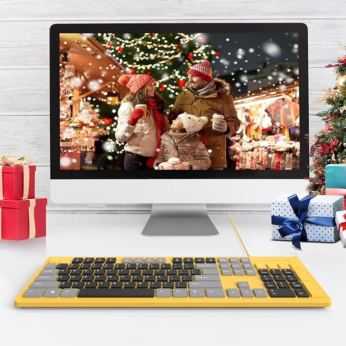 Wired Keyboard, Ultra-Thin USB Wired Computer Keyboard, Low-Profile Keys, Spill-Resistant, Multimedia Keys, Compatible with Windows, Mac, Chrome, Linux, and Android-Yellow