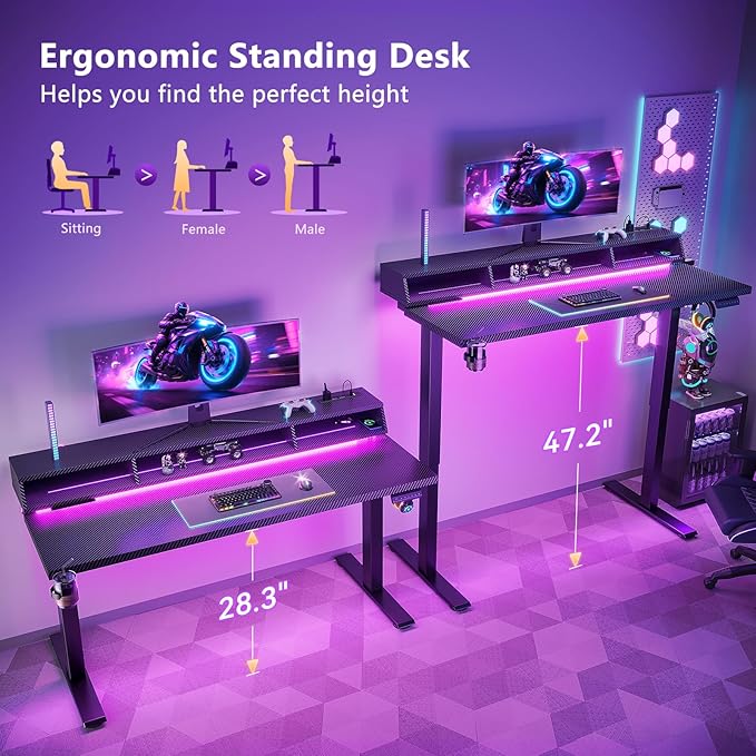 OffiGo Gaming Standing Desk with LED Light, 55 Inch Electric Height Adjustable Table with Power Outlet & Monitor Stand, Sit Stand Computer Workstation for Home, Bedroom, Black