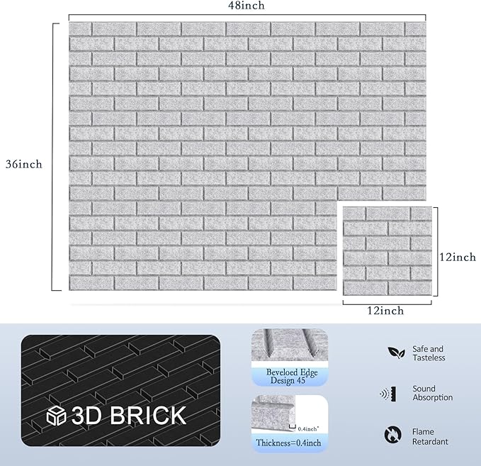 12Pack Acoustic Wall Panels, Self-Adhesive 3D Brick Pattern Sound Proof Panels for Walls, High Density Decorative Acoustic Foam Sound Proofing for Recording Studios, Offices, Home, 12"×12"×0.4", Grey