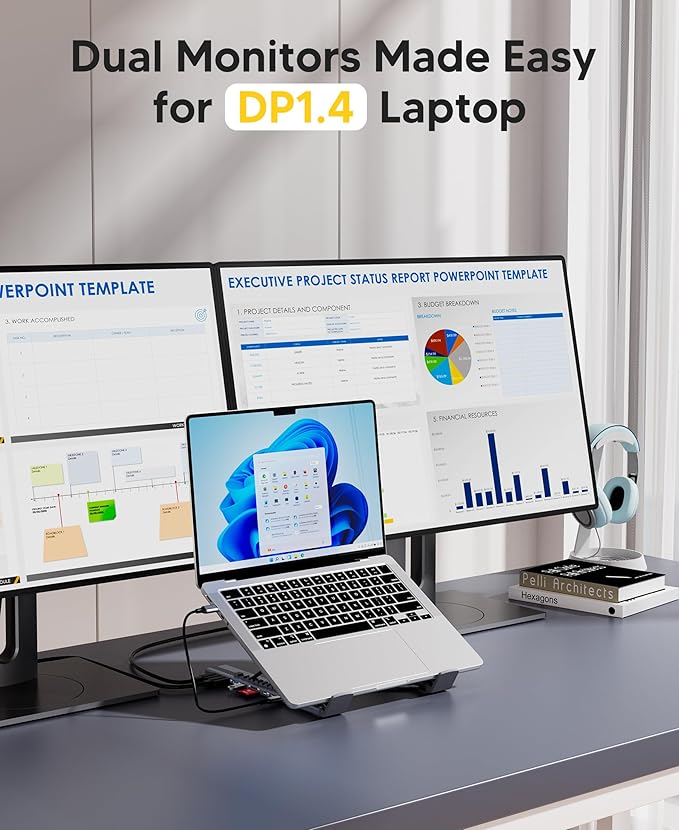 USB C Laptop Docking Station Stand, Dual Monitor 4K@60Hz, 9 in 1 USB C Hub with 2 HDMI, 2 USB 3.0, PD 100W, Universal Dock Station for MacBook Pro/Air/Dell/HP/Surface/Lenovo