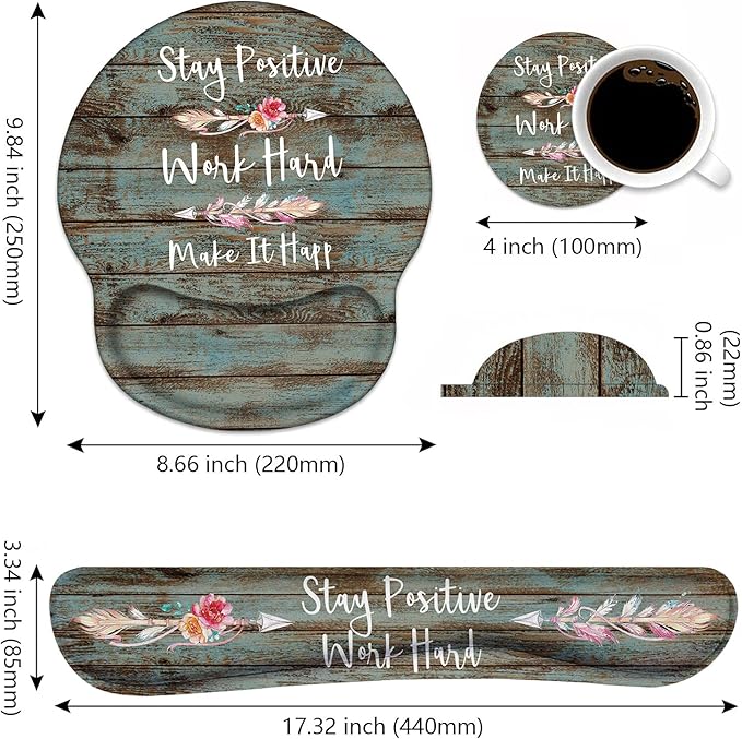 Keyboard Wrist Rest and Mouse Pad Wrist Rest Support Set with Coasters, Stay Positive Work Hard and Make It Happen Inspirational Quote Non-Slip PU Base, Perfect for Home Office Working Studying