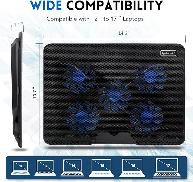 Laptop Cooling pad, ‌Coolertek Laptop Cooler with 5 Silent Fans, Adjustable Height Stand for 12-17 Inch Laptops, Ergonomic Cooling Stand with Dual USB Ports, Portable Cooling Accessories - Black
