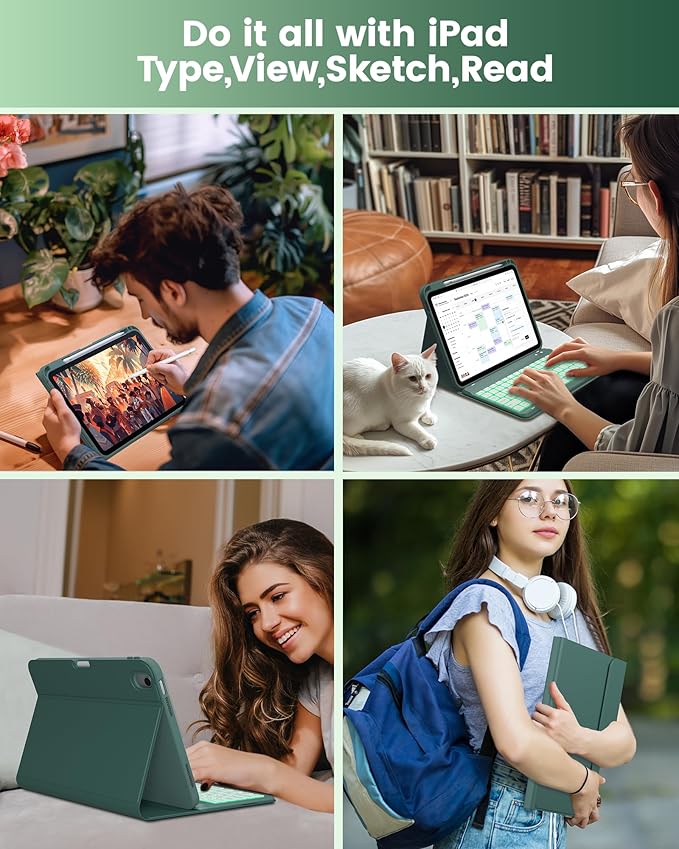 typecase Folio Keyboard Case for iPad 10th Gen 10.9 inch (2022) and iPad 11th (A16, 2025), Magnetic Wireless Detachable Keyboard, 7-Color Backlight, Thin & Light, Pencil Holder – Midnight Green