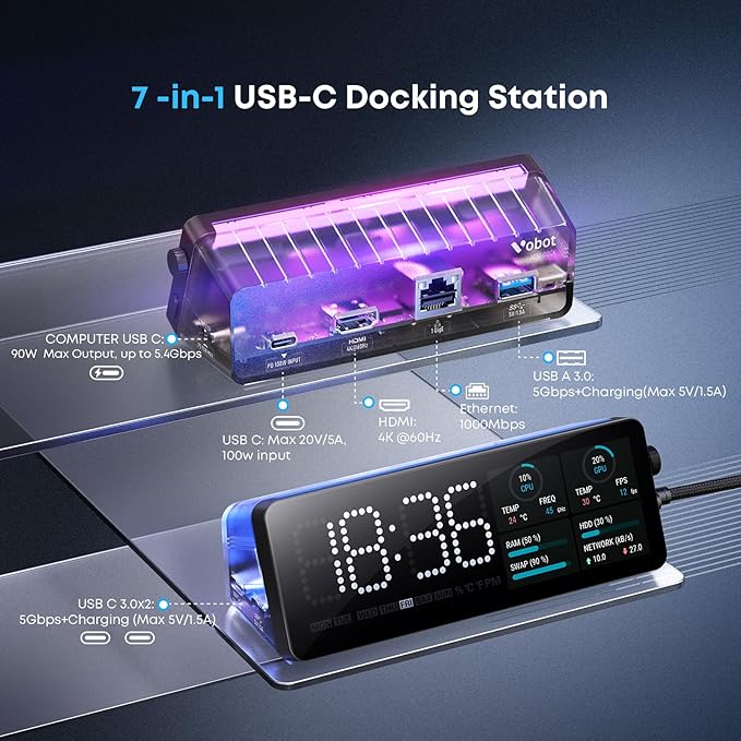 Laptop Docking Station, 7-in-1 USB C Docking Station with Screen, Multiple Built-in Apps, USB C Hub with HDMI 4K@60Hz, 1 Gbps Ethernet, 90W Max Charging for Laptop, 5Gbps USB-A/C Ports for Windows/Mac