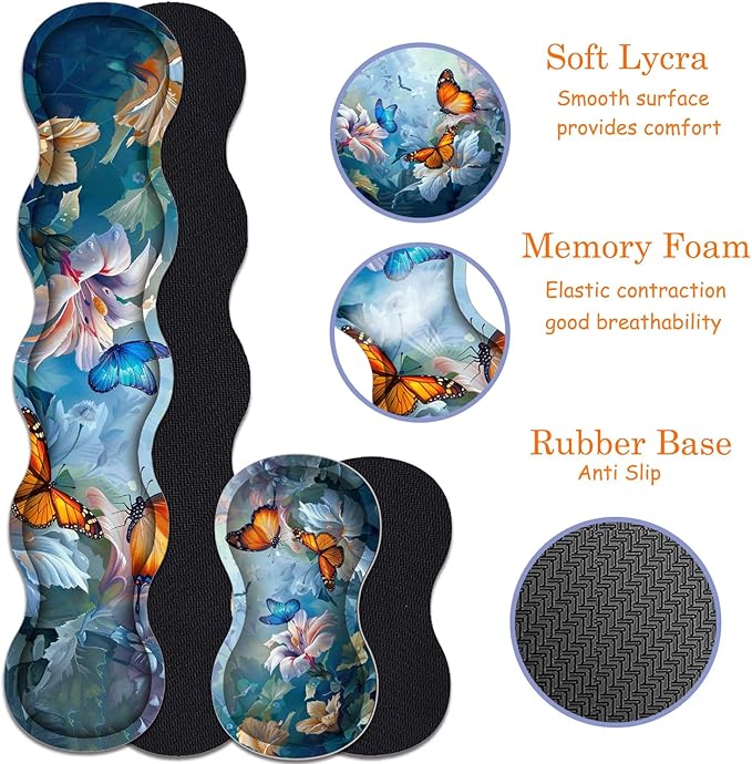 Large Gaming Mouse Pad + Keyboard Wrist Rest + Wrist Support + Coaster Set, Memory Foam Ergonomic for Easy Typing, XXL Extended Gaming Mouse Pad Table Pad - Painting Butterfly