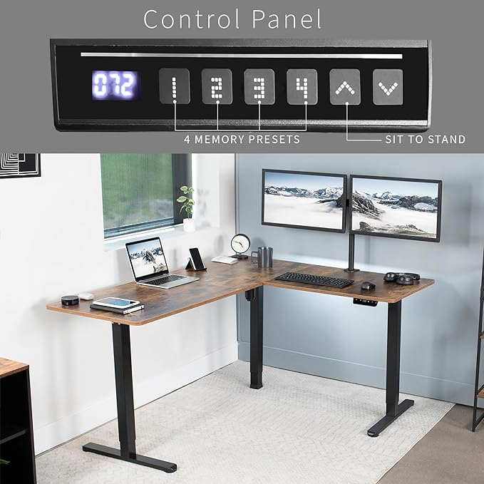VIVO Corner Standing Desk, 63 x 55 inch Reversible L-Shaped Workstation, Electric Height Adjustment, Home, Office, and Reception Rooms, Rustic Vintage Brown Table Top Black Frame, DESK-E3CTN