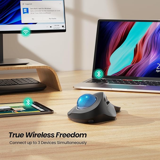 Nulea Wireless Ergonomic Trackball Mouse, Rechargeable, Bluetooth Rollerball Mouse, 44mm Index Finger Trackball, 5 Adjustable DPI, Compatible with PC, Laptop, iPad, Mac, Windows, Android