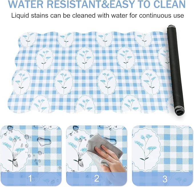 L-SPOUTTO Blue Mouse Pad,Checkered Floral Desk Mat XXL Large Scalloped Cottagecore Gaming Mousepad,35.4x15.7in Non-Slip Rustic Keyboard Pad Desktop Mat for Laptop Computer Game Home Office