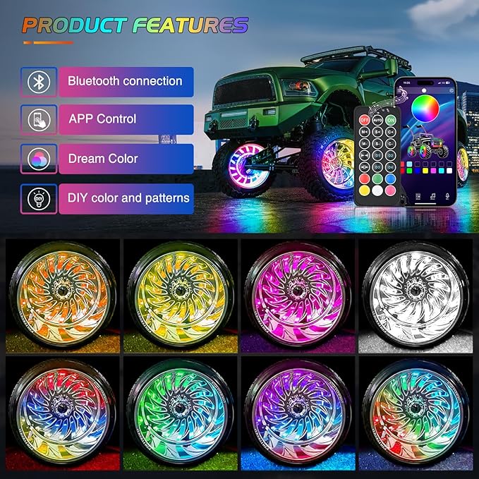 Nilight 4PCS 15.5inch Double Row Wheel Ring Lights Dream Color with APP and Remote Control Neon Lights w/Turn Signal and Braking Function Dual Row for Car Van SUV Truck