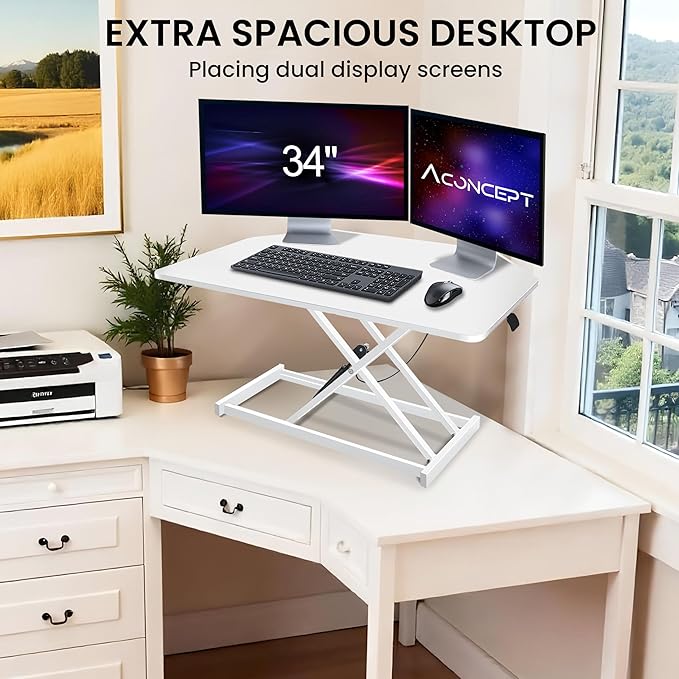 34 inch White Corner Height Adjustable Standing Desk Converter, One-Click Sit to Stand up Desk Riser, Pre-Assembled Dual Monitor and Laptop Workstation
