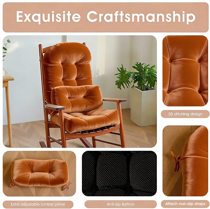 Rocking Chair Cushion Indoor Large Chair Pads Set with Ties Extra Lumbar Pillow Premium Dutch Velvet High Resilience Filler Non-Slip Bottom, Orange