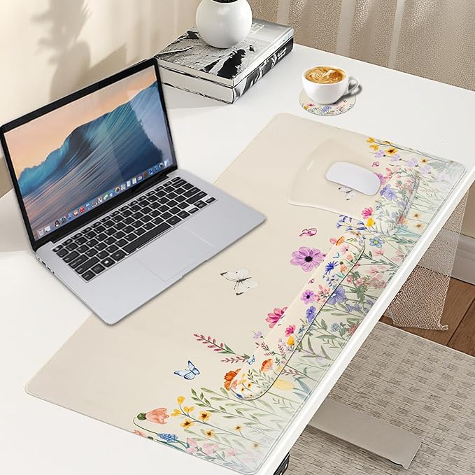 MEGREZ 4-in-1 Ergonomic Memory Foam Wrist Rest Set, Desk Pad, Mouse Pad with Wrist Rest, Keyboard Pad, Suitable for Office Workers, Programmers & Gamers–Relieve Typing & Gaming Fatigue, Light Beige