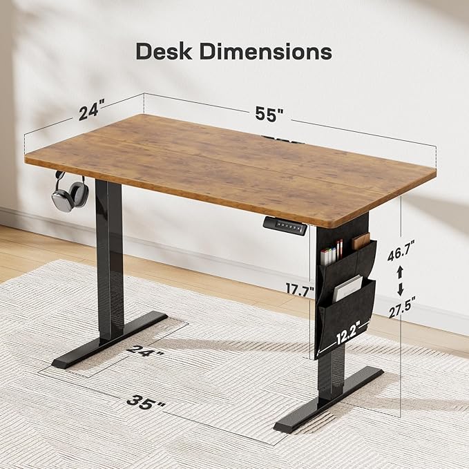 Marsail Standing Desks 55"x24" Adjustable Height Home Office Desks,Electric Standing Desk with Storage Bag,Stand up Desks for Study,Writing,Work Computer Desks 4 Memory Preset with Headphone Hook