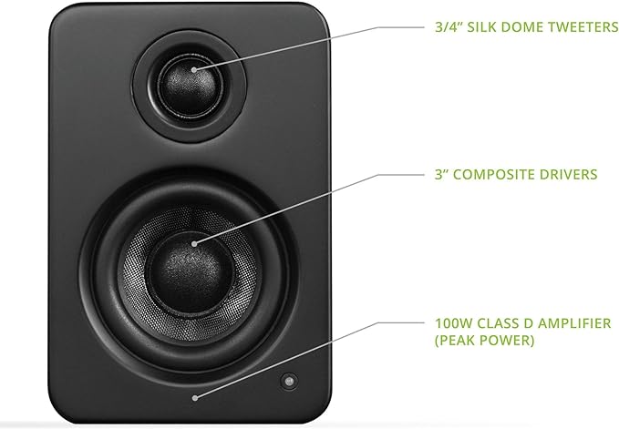 Kanto YU2MB PC Gaming Desktop Speakers | 3" Composite Drivers | 3/4" Silk Dome Tweeter | Class D Amplifier | 100 Watts | Built-in USB DAC | Subwoofer Output | Pair | Matte Black