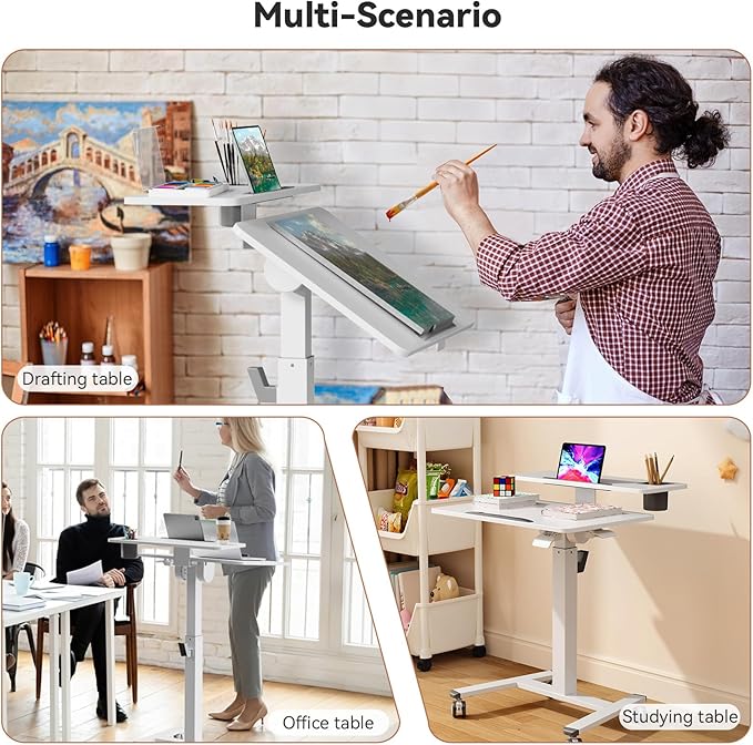 28Inch Mobile Standing Desk On Wheels， Rolling Laptop Stand with Tiltable Desktop， Small Computer Workstation Adjustable Height， 2-Tier Portable Study Table with Storage Shelves， White