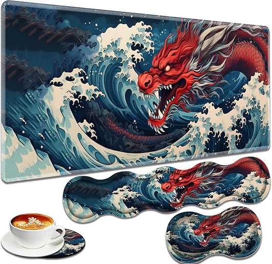 Large Gaming Mouse Pad + Keyboard Wrist Rest + Wrist Support + Coaster Set, Memory Foam Ergonomic for Easy Typing, XXL Extended Gaming Mouse Pad Table Pad - Sea Wave Red Dragon