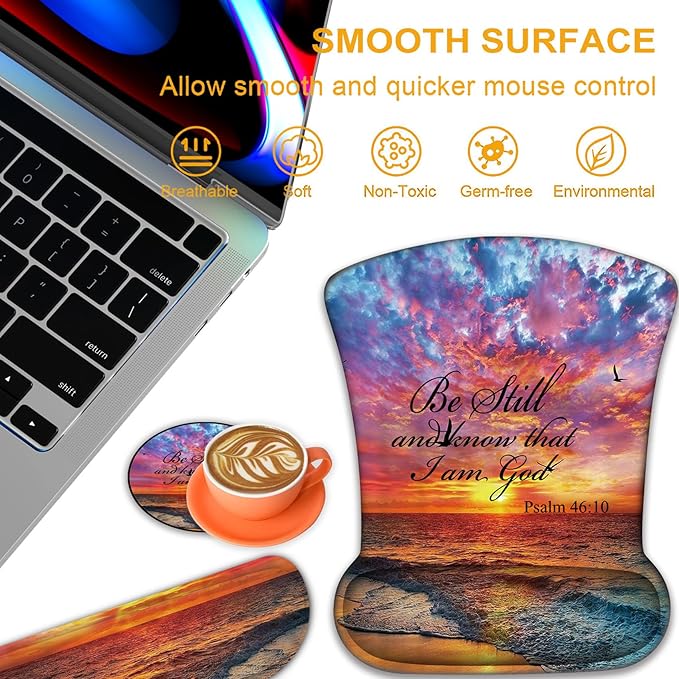 Ergonomic Mouse Pad, Mouse Wrist Rest Pad + Keyboard Wrist Rest Pad + Coaster, Made of Memory Foam, Easy to Use and Relieve Wrist Pain, Computer, Games, Office, Home - Sunsets, Beaches and Waves
