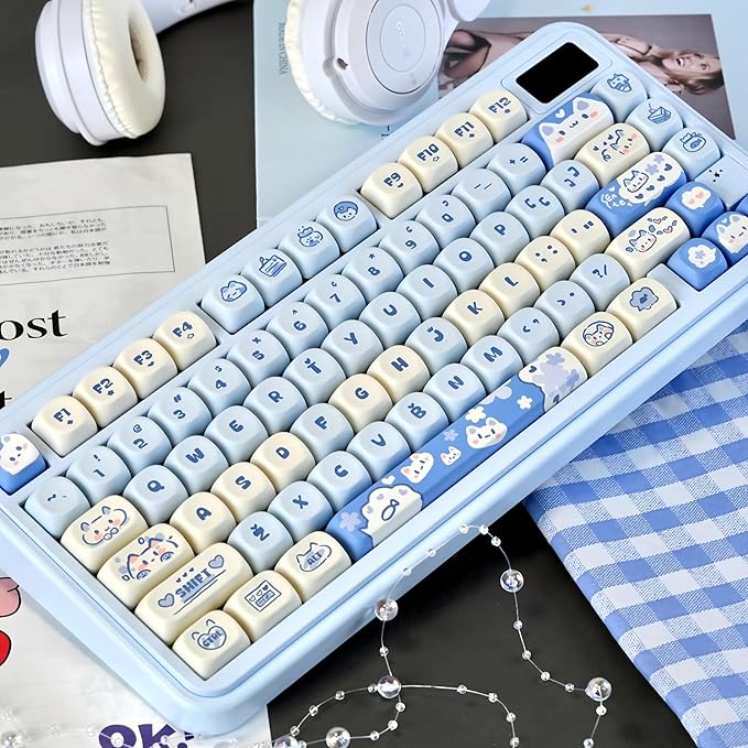 PBT Keycaps - Cute Keycaps Blue White 60 65 75 100 Percent, Kawaii Anime Cat Key caps Custom 130 Keys, MOA Profile for 61/68/84/87/98/100 Cherry Gateron MX Mechanical