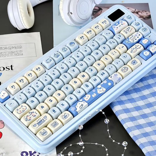 PBT Keycaps - Cute Keycaps Blue White 60 65 75 100 Percent, Kawaii Anime Cat Key caps Custom 130 Keys, MOA Profile for 61/68/84/87/98/100 Cherry Gateron MX Mechanical