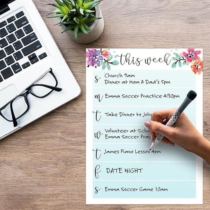 Dry Erase Weekly Calendar Planner Sticker Decal | Removable & Reusable | Magnetic Fine-Tip Marker Included (9 x 12 inches, Floral)