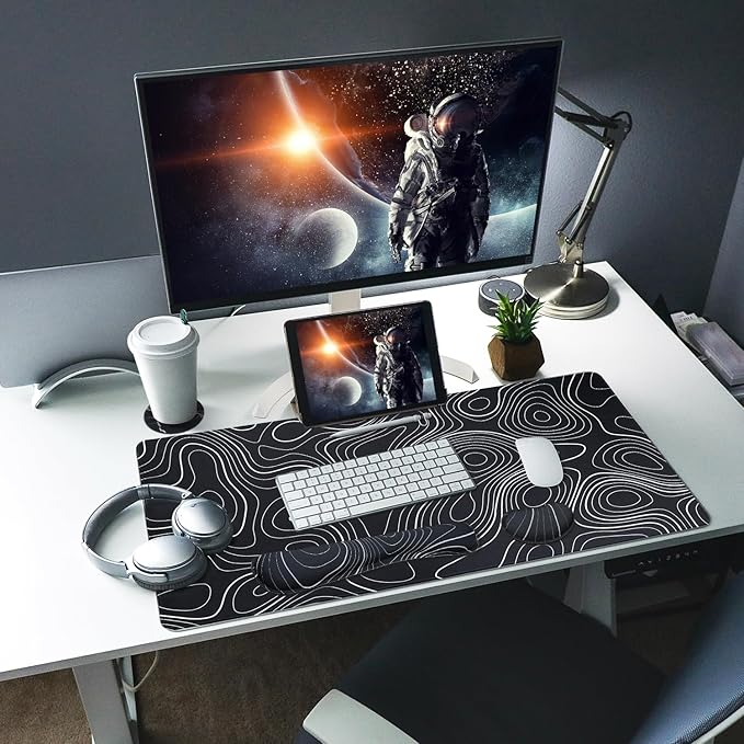 Bloss Large Gaming Mouse Pad XL Desk Mat, 4-in-1 Mouse Pad with Wrist Rest, Large Desk Pad, Keyboard Pad for Office/Home-Black and White Topography (31.5 x 15.7 x 0.12 Inches)