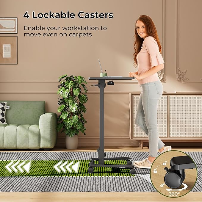 Foldable Standing Desk，Small Mobile Sit-Stand Desk with 90 Tiltable Top，Rolling Rising Laptop Workstation Adjustable Height，Portable Table on Hidden Wheels/4 Lockable Casters，Black