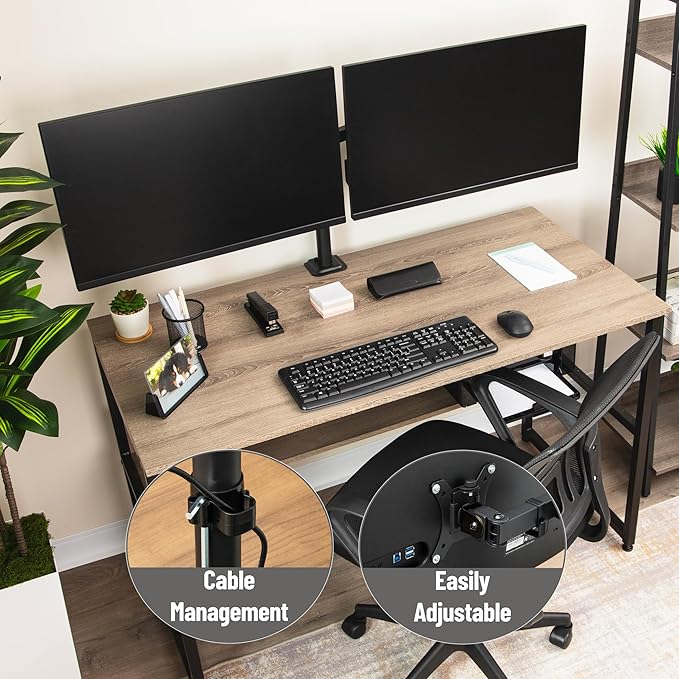 Mind Reader Dual Monitor Desk Mount for 13"-32" Screens, Adjustable VESA Mount with 180° Rotation, ±90° Swivel, ±45° Tilt, Integrated Cable Management, 17.6 lb Capacity Each, Black