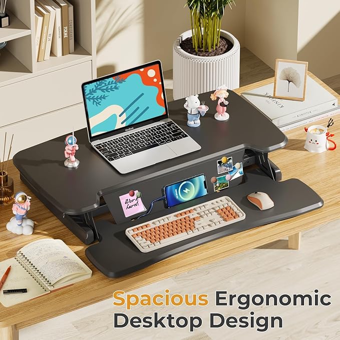 JOY worker Standing Desk Converter, 32" Height Adjustable Sit Stand Up Desk Riser with Keyboard Tray & 6 Fridge Magnets, Desktop Workstation Riser for Home Office Computer Laptop, Black