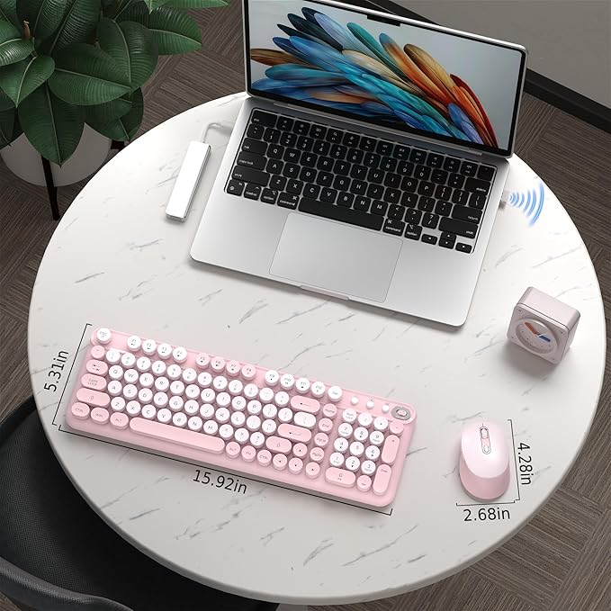 Wireless Keyboard and Mouse Combo, 2.4GHz USB Receiver, Plug and Play, Retro Full Size Typewriter Keyboard and Wireless Mouse for Computer, Laptop, Windows, Mac, and PC (Pink)