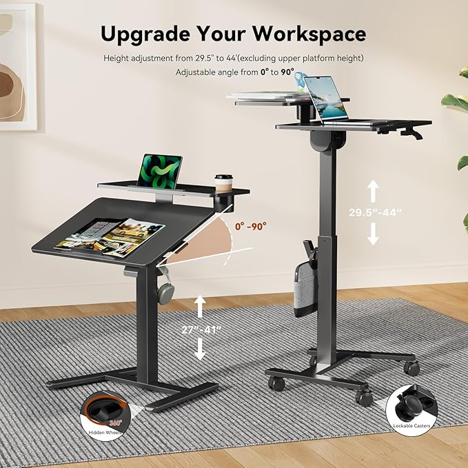 28Inch Rolling Standing Desk On Wheels， Small Computer Workstation Adjustable Height， Mobile Laptop Stand with Tiltable Desktop， 2-Tier Portable Study Table with Storage Shelves， Black