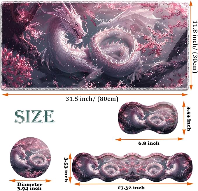 Large Gaming Mouse Pad + Keyboard Wrist Rest + Wrist Support + Coaster Set, Memory Foam Ergonomic for Easy Typing, XXL Extended Gaming Mouse Pad Table Pad - Cherry Pink Dragon