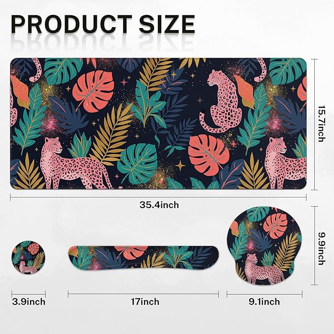 Arttown Leopard Tropical Pink Desk Mat Leaves Mouse Pad Set 4 in 1 Ergonomic Design Large Mouse Pad + Keyboard Wrist Rest + Mouse Wrist Rest + Coaster Suitable for Home Office Study Game
