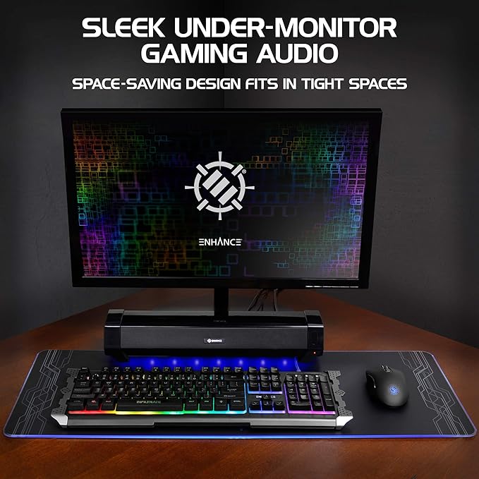 ENHANCE Gaming Attack Sound Bar PC Speaker - Under Monitor Soundbar Computer Speaker with Loud 40W Hi-Fi Audio, 3 LED Color Modes, and Dual Inputs for PC, Laptop, or Phone AUX