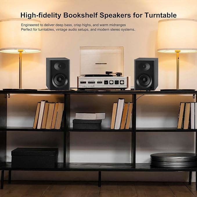 Bookshelf Speakers for Studio Monitors, 80W Peak Output HiFi Gaming Speakers, 4" Desktop Audio System for TV, Laptop, Record Player, Gifts, Black Pair