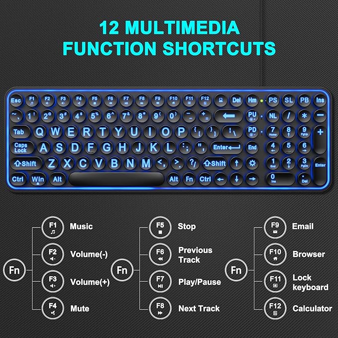 Large Print Backlit Keyboard, Wired USB Lighted Computer Keyboards with 7-Color Backlit, Oversized Print Letters, Quiet Typewriter Keyboard with Retro Round Keycaps for Windows PC, Laptop