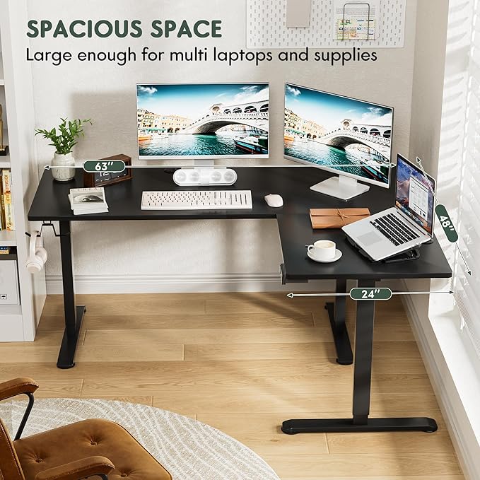 Furmax 63 x 48 Inch L Shaped Standing Desk with 2 Preset Heights, Electric Height Adjustable Computer Table, 2 Hooks & Feet Balance, Corner Sit Stand Desk for Home Office (Black, 63 x 48 Inch)