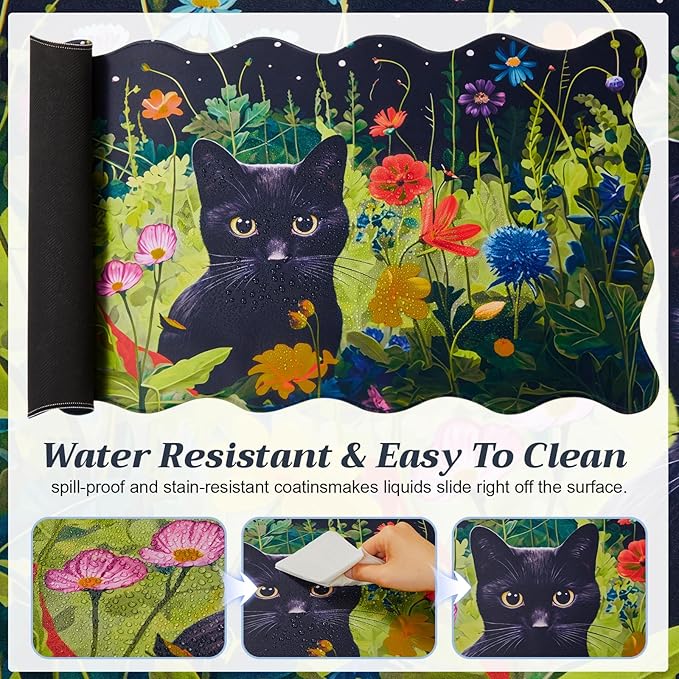 Kingdder Black Cat Floral Scalloped Desk Mat 31.5" x 15.7" Large Cute Cat Mouse Pad Kawaii Keyboard Mat with Nonslip Waterproof Rubber Base Pad for Laptop Computer Gaming Dorm Home Office